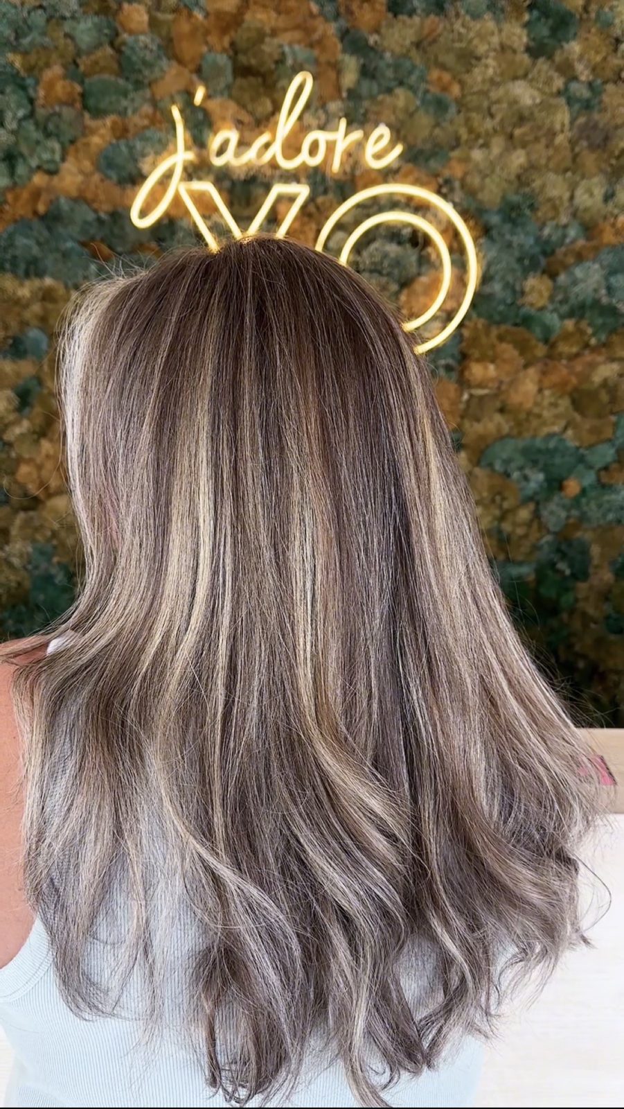 Ash brunette full-head balayage with fine blonde ribbons at XO Salon & Spa, Sunny Isles Beach