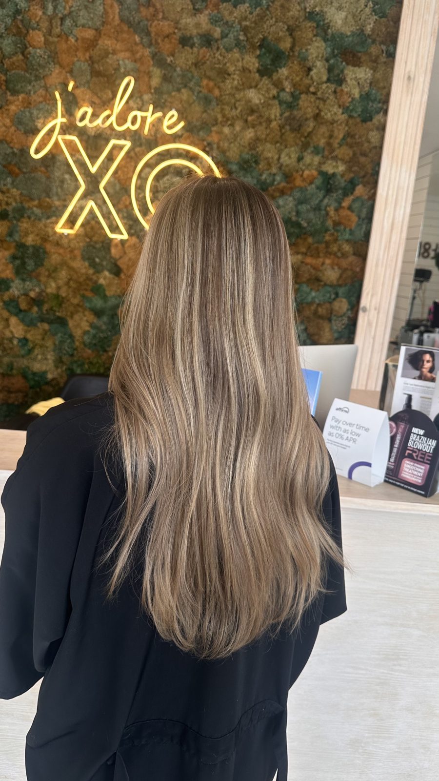 Long golden bronde balayage at XO Salon & Spa in Sunny Isles Beach